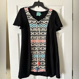 Judith March Black Swim Coverup with Cream Panel and Blue & Pink Accents